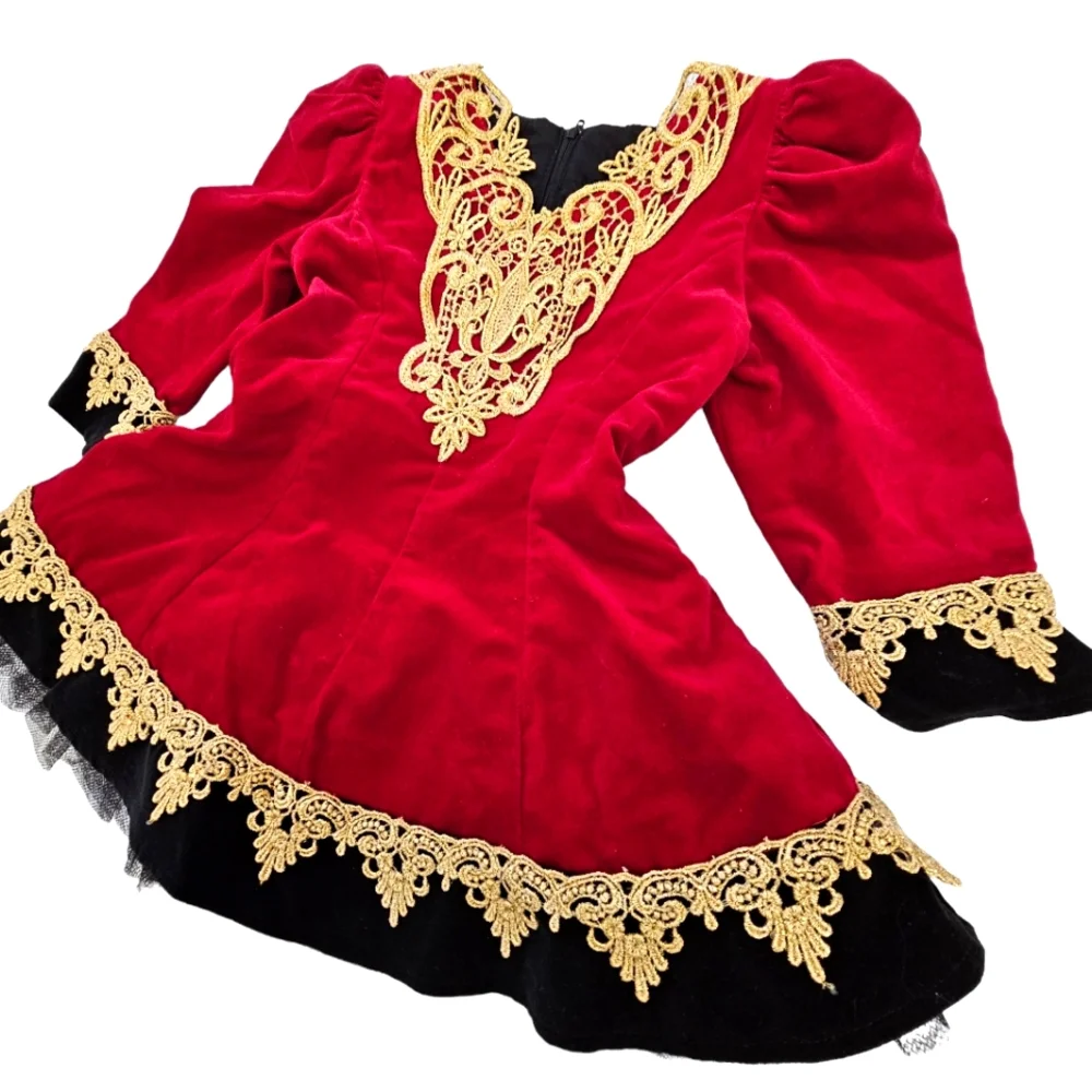 Hollywood Babe Toddler Girls Red Velvet/Gold  Embroidered Lace Longsleeve Dress